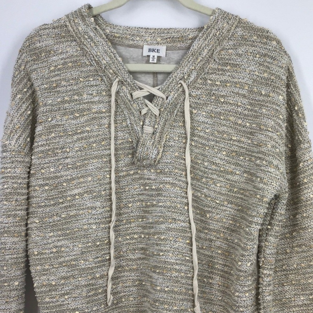 BKE Y2K Vibe Lace-Up V-Neck Knit Hoodie Sweater Pullover Gray Beige Women M‎